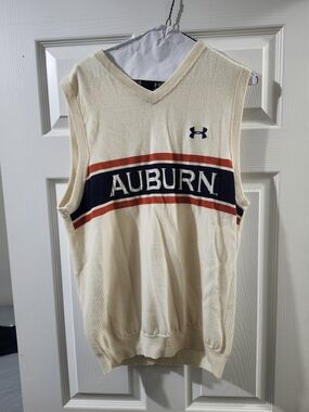 Under Armour Cream Sleeveless Auburn Knit Vest with Navy & Orange Stripes